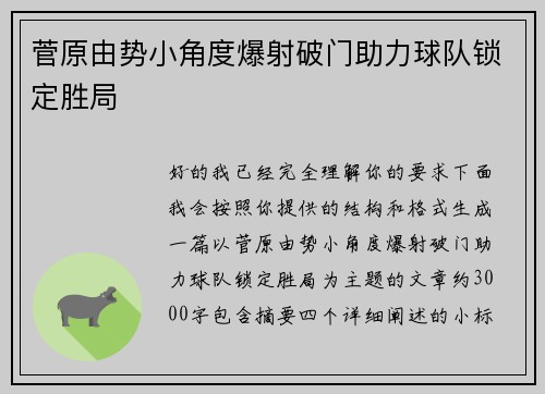 菅原由势小角度爆射破门助力球队锁定胜局 菅原由势小角度爆射破门助力球队锁定胜局