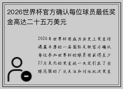 2026世界杯官方确认每位球员最低奖金高达二十五万美元